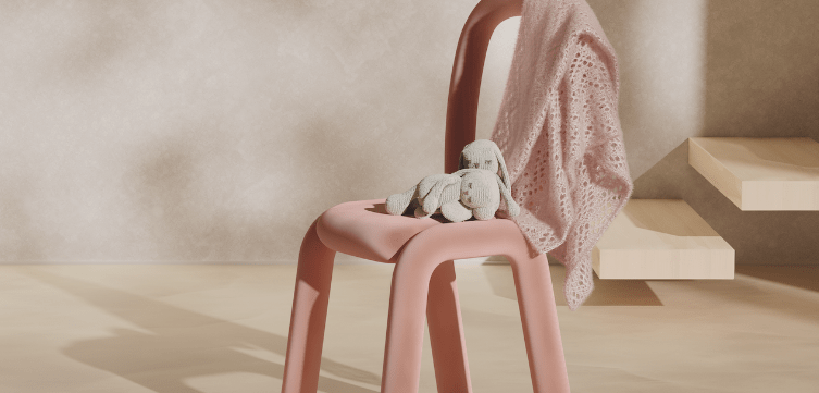 Twee konijnen met Amigurumi-haakpatroon op een stoel in een perfect hygiënische luxeflat.