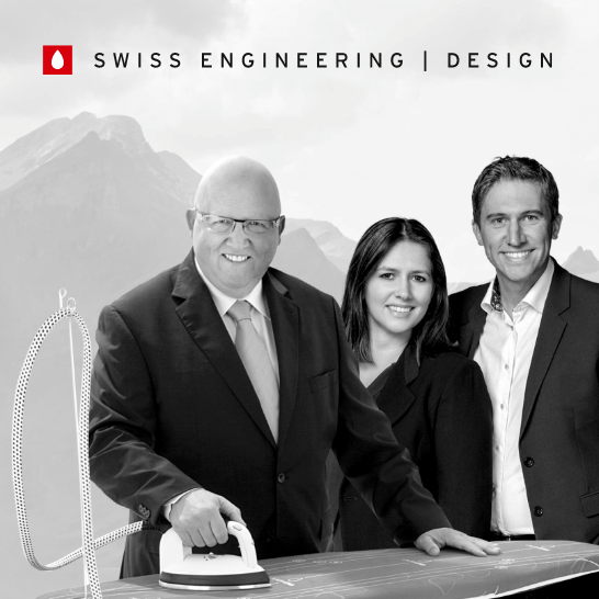 Logo de Laurastar avec conception et ingénierie suisse, un système de repassage tout-en-un, la famille Monney heureuse et des montagnes en arrière-plan.